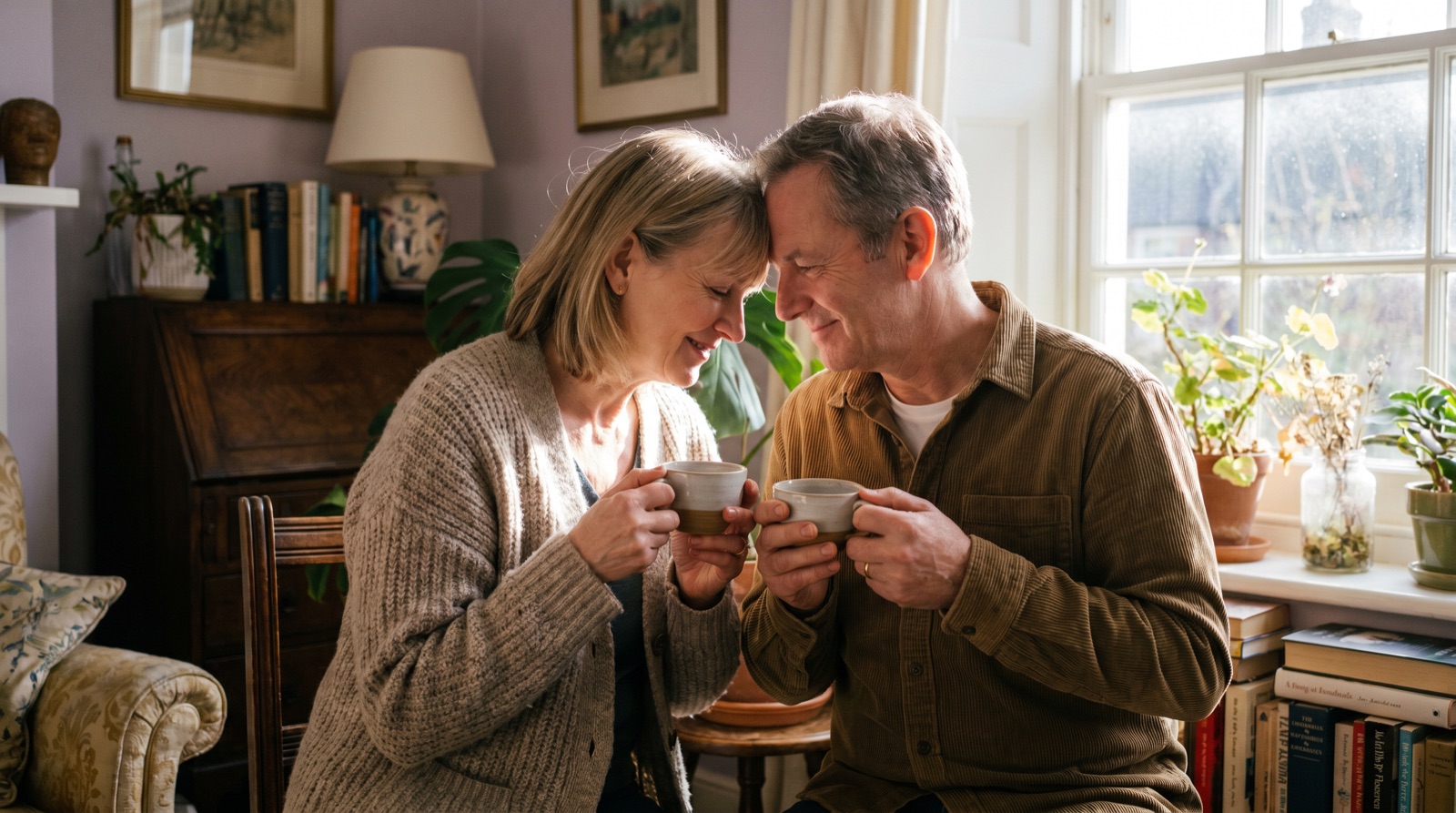 A happy older couple sharing a quiet moment at home
