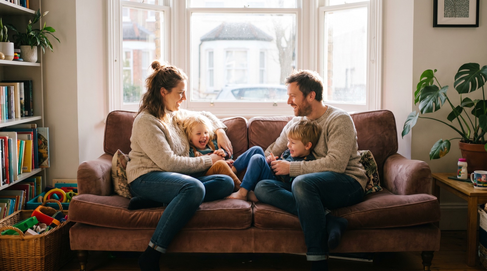 A young family laughing together at home